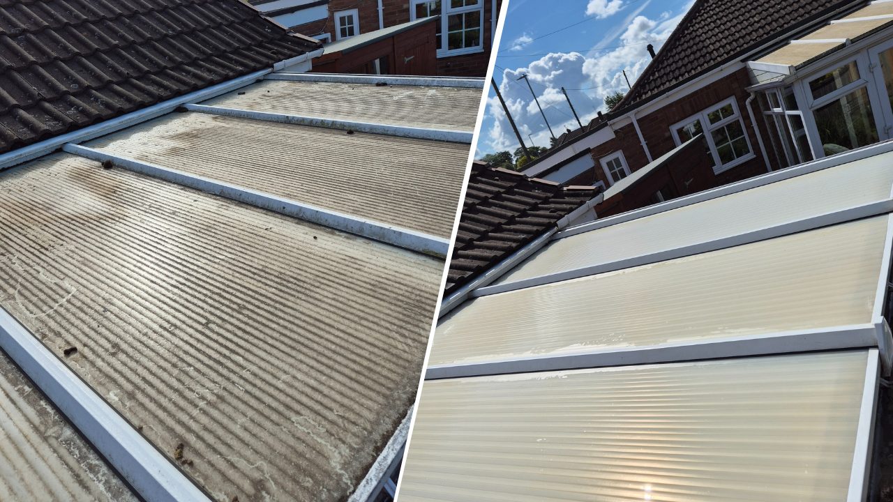 Before and after — conservatory roof deep cleaned, transformed from grimy to crystal clear